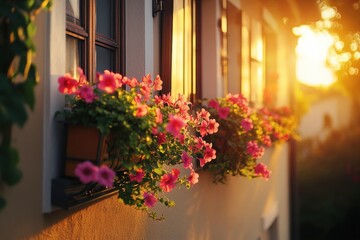 Fototapeta premium beautiful flowers in window boxes during sunset