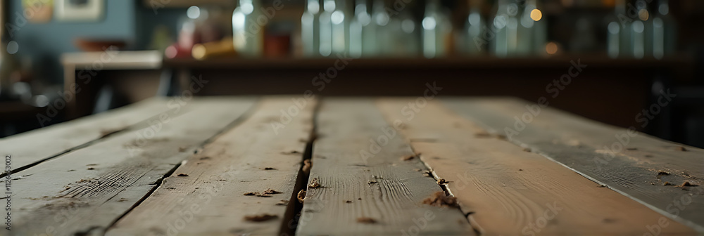 Poster clear clutter from a worn wooden table with a faintly visible counter and scattered empty bottles in