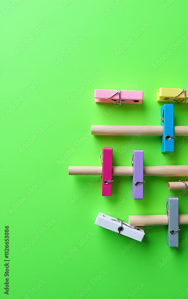 Poster clothespins are attached to hangers and placed on a bright green colored background in an organized 