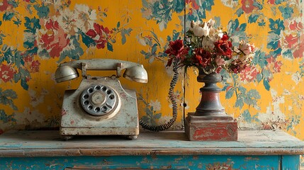 Vintage rotary phone and dried flowers on aged wooden table against floral wallpaper.