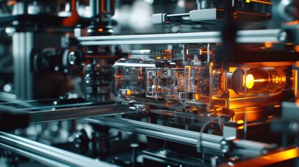 Innovative transparent container with glowing orange core moving on automated production line within a technologically advanced factory, showcasing cutting edge manufacturing processes