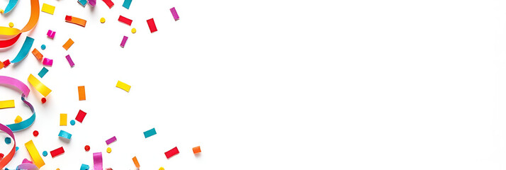 Obraz premium Colorful celebration backgrounds feature vibrant confetti and streamers in a flat lay composition against a clean white backdrop setting._00001_