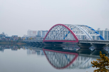 Chuncheon view of Soyang 2 bridge over Soyang river during winter evening and night at Chuncheon ,...