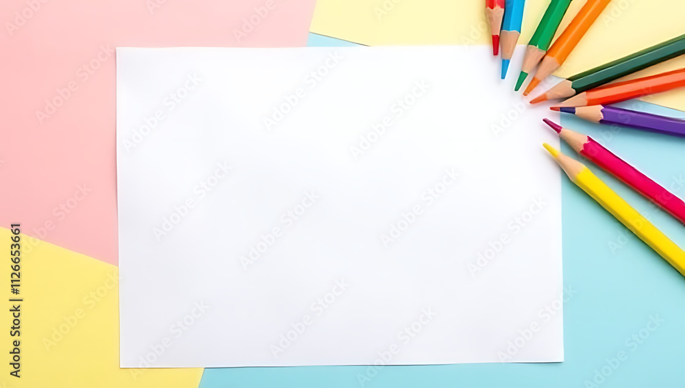 Aufkleber colorful pencil lies on white notepaper with soft pastel background creating a visually appealing gr