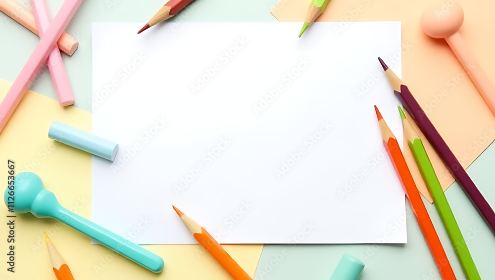 Aufkleber colorful pencil lies on white notepaper with soft pastel background creating a visually appealing gr