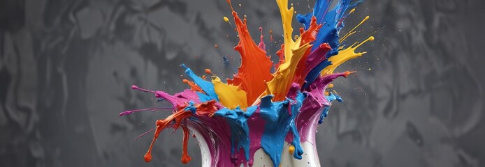 Brightly colored paint bursting forth from a broken vase, vibrant hues, chaotic destruction