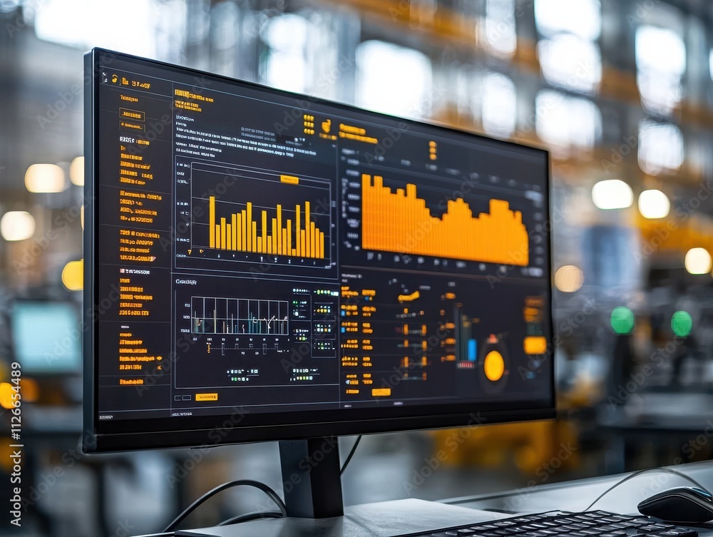 Poster a sleek monitor displays vibrant data visualizations, featuring graphs and analytics in an industria