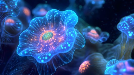 Fototapeta premium Glowing cancer cells form into crystalline shapes, their surfaces etched with intricate, radiant patterns under the biological microscope.