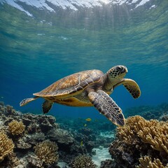 Obraz premium A sea turtle swimming gracefully through coral reefs.