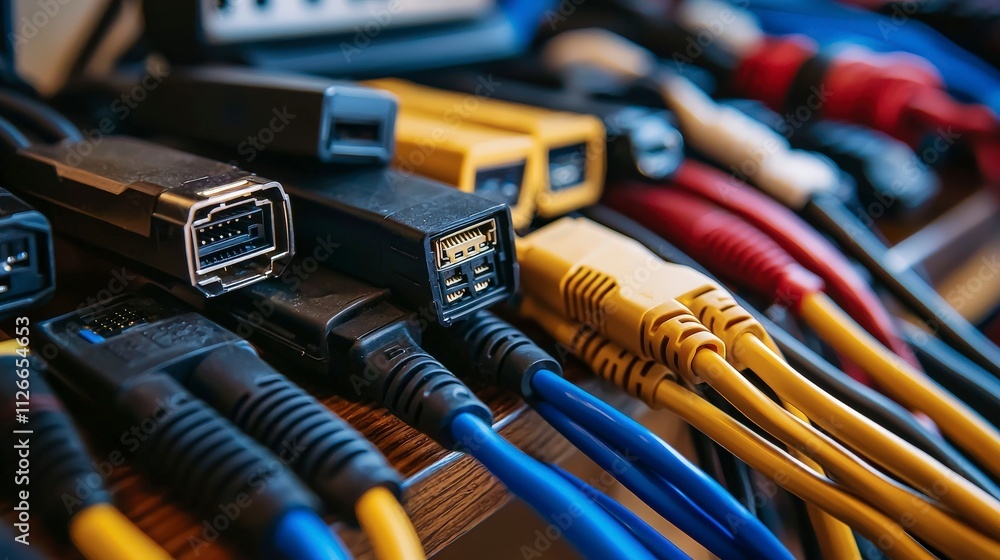 Poster Organized cctv cables and connectors on a tab technology setup indoor environment close-up view efficient systems