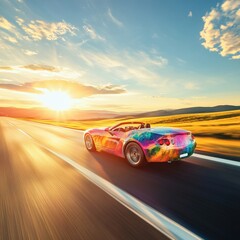 colorful sports car driving on an open road at sunset