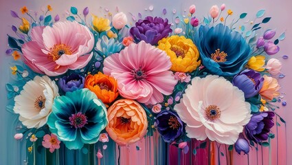 Colorful bouquet of orchids and flowers in various shades of pink, yellow, white, red, and purple, symbolizing beauty, love, and nature, perfect for spring and wedding celebrations