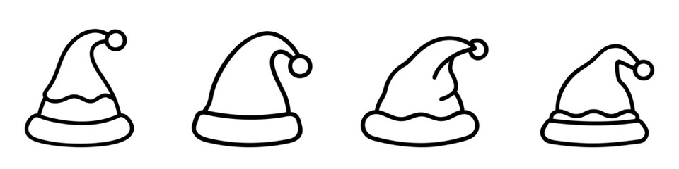 Set of linear Santa hat icons. Merry Christmas cute element. Noel hat sign. Vector illustration
