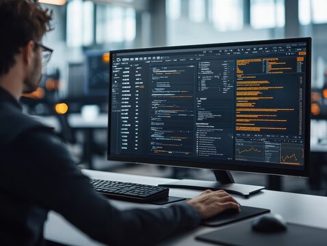 A programmer works intently at a computer, surrounded by multiple screens displaying code in a modern office environment.