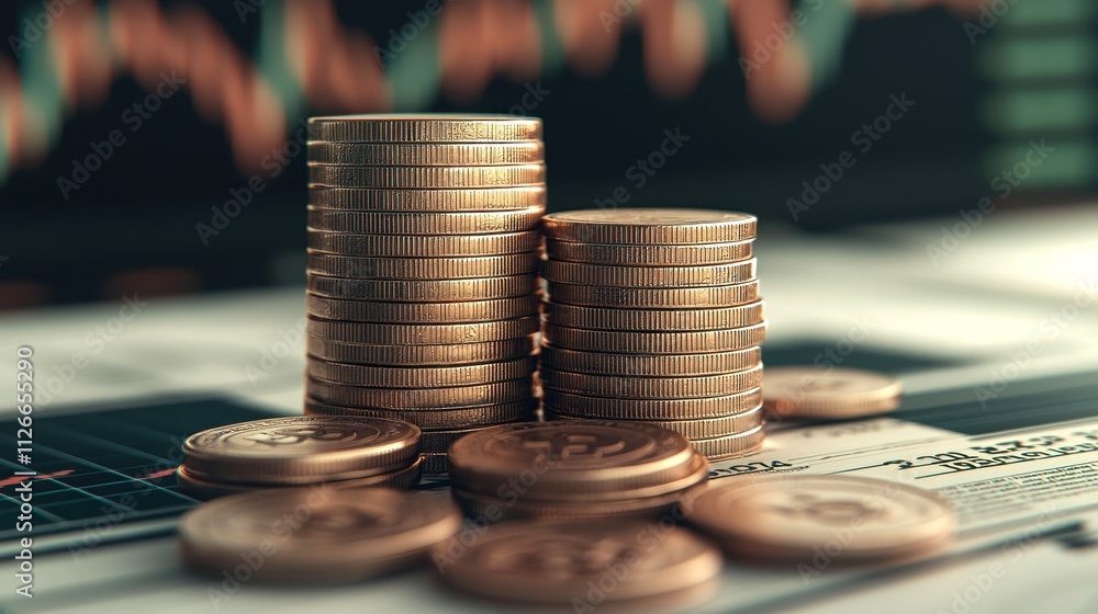Poster stacks of coins arranged on financial documents with a graph in the background, symbolizing investme