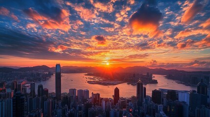 Fototapeta premium stunning sunset over a city skyline with dramatic clouds