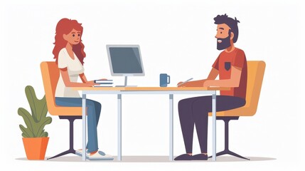 A helpful customer care specialist assisting a client at a desk, isolated on a white background 