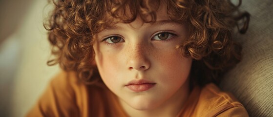 Fototapeta premium thoughtful child with curly hair looking at the camera
