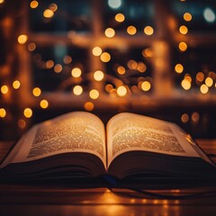 open book with warm bokeh lights in the background