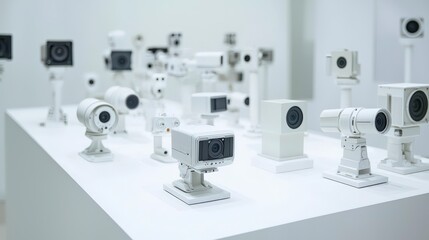 Innovative surveillance equipment showcase modern display photography exhibit white environment wide angle technology concept