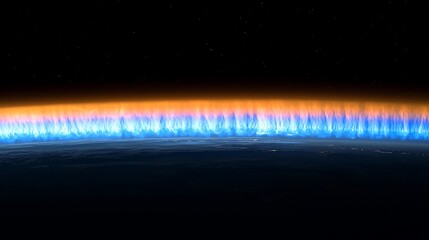 Fototapeta premium Fiery blue and orange atmospheric glow over Earth's horizon, viewed from space.