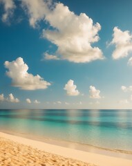 Fototapeta premium Sunny Beach with Golden Sand Turquoise Ocean Blue Sky Fluffy Clouds Beautiful Summer Vacation Paradise