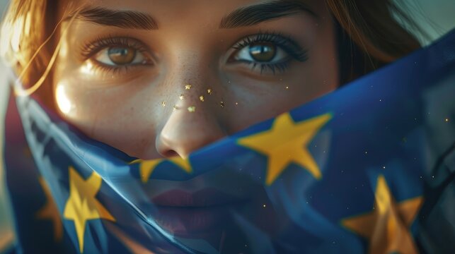 Close-up portrait of a beautiful girl with the flag of the European Union