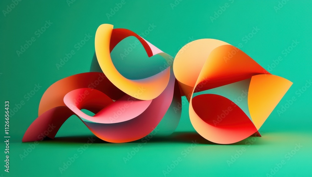 Poster colorful abstract paper swirls on a vibrant green background creating a modern and artistic visual e