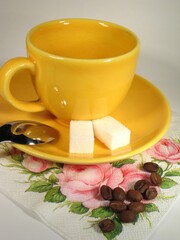 A cup of coffee on a table close view background