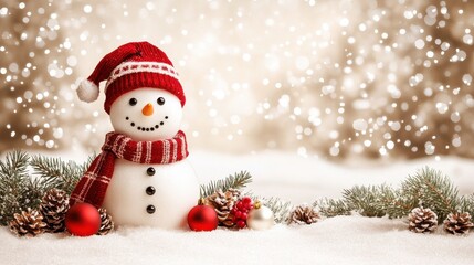 Fototapeta premium A photostock of a decorated snowman in front of a Christmas tree, on a snowy background. --chaos 51 --ar 16:9 --style raw --stylize 250 --v 6.1 Job ID: b5a9ecbd-67c7-4d0f-9c88-a5c47caf4143