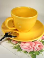 A cup of coffee on a table close view background