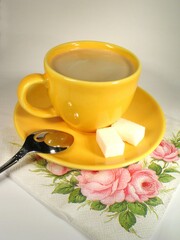 A cup of coffee on a table close view background