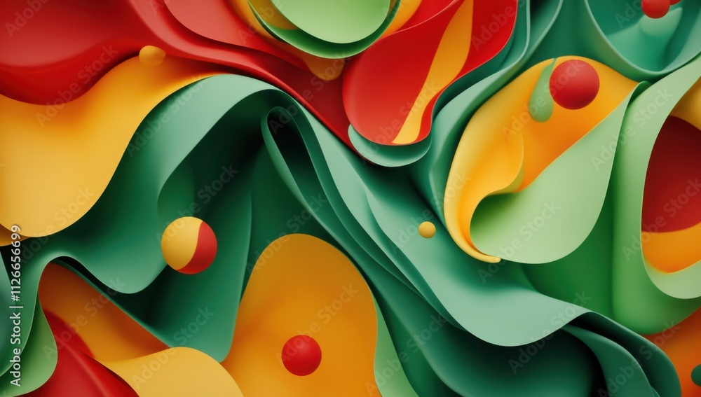 Poster colorful abstract waves of paper in green red yellow, dynamic curves and smooth forms creating vibra