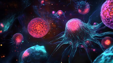 Glowing cancer cells take on crystalline forms, their surfaces etched with intricate, geometric patterns under the biological microscope.