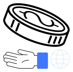 Hand with wristwatch holding a dollar coin and globe. Ideal for financial transactions, savings, economy, global finance, donations, business relations, and investments. Line metaphor