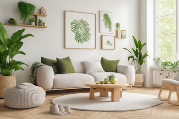 A living room with a white couch, a coffee table, and a rug
