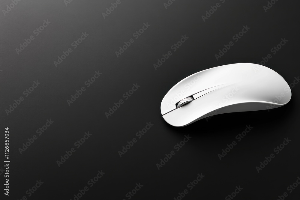 Poster a sleek and minimalist mouse featuring a futuristic design rests on a smooth black surface, emphasiz