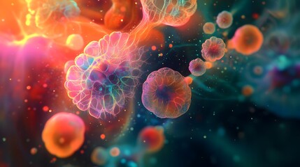 Cancer cells glow in vivid colors, their surfaces resembling shifting fractals, constantly changing shape under the biological microscope.