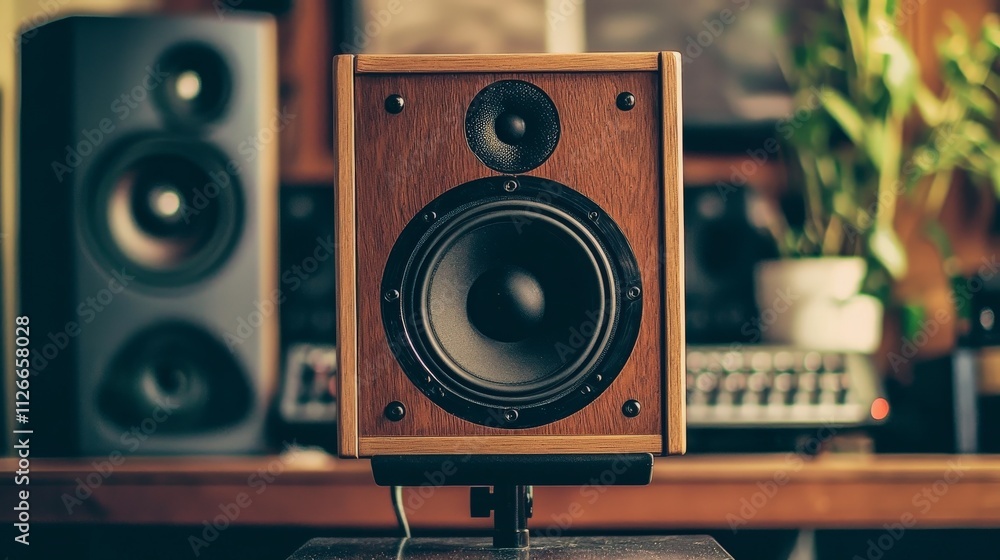 Poster studio monitor speaker on stand in home studio setting acoustic environment close-up view music prod