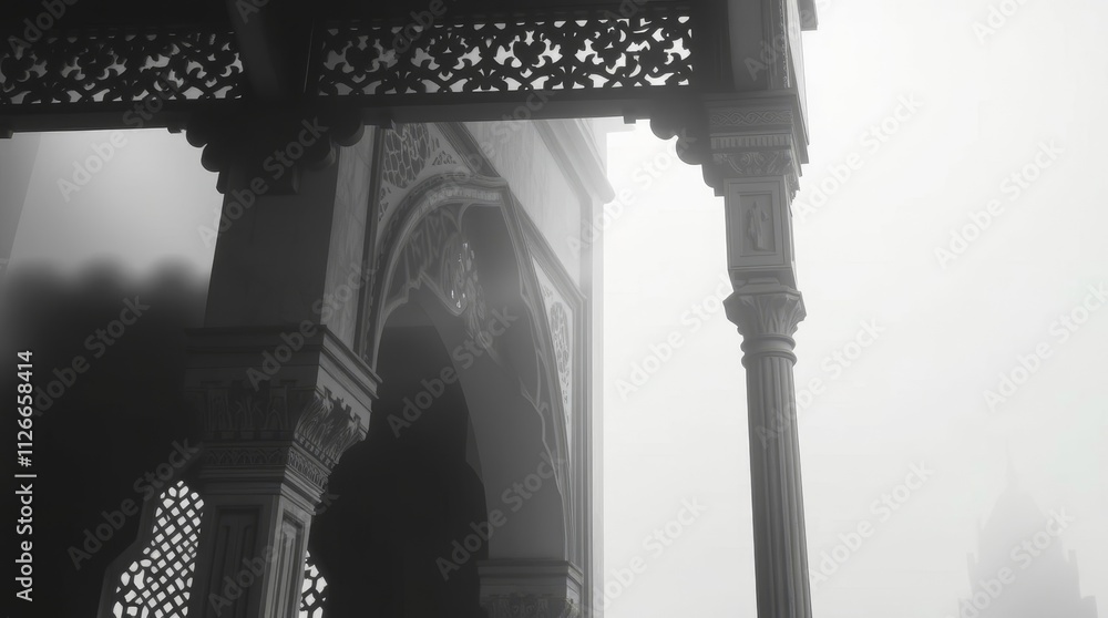 Poster elegant black and white architectural details in foggy setting with intricate design