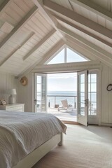 Fototapeta premium Cozy Beachfront Bedroom with Panoramic Ocean Views