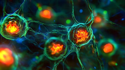 A close-up of cancer cells shifting and pulsing like living organisms, glowing with neon colors under a biological microscope, their details surreal.