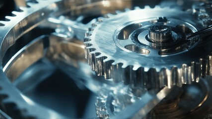 Intricate close-up of stainless steel gears in motion, representing engineering, machinery, and industrial precision