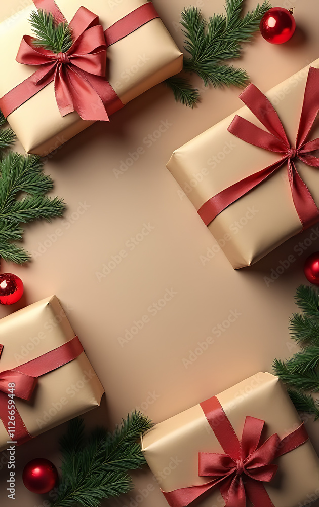 Poster gift boxes are wrapped in kraft paper with a flat lay template design for christmas and other new ye