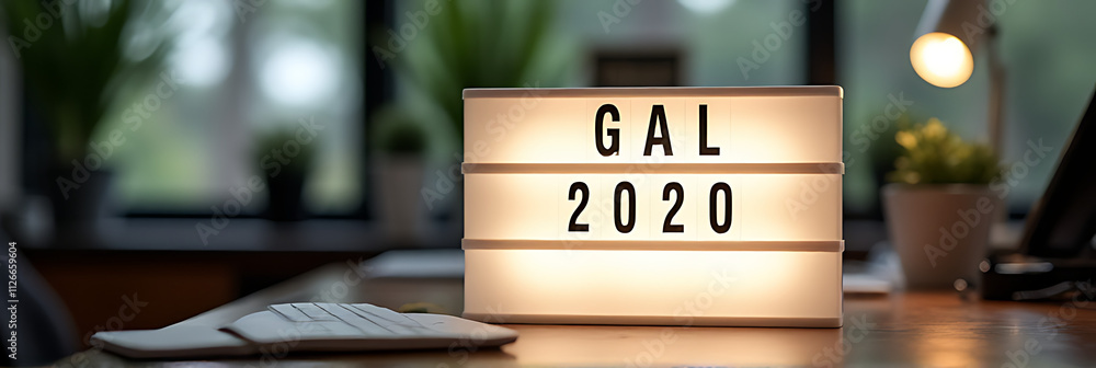 Poster goals for 2020 are displayed on a light box in a home office on a desk next to a table._00001_