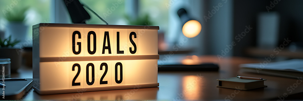 Poster goals for 2020 are displayed on a light box in a home office on a desk next to a table._00002_