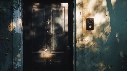 Video doorbell camera installation beside front door home security setup outdoor environment close-up view modern concept