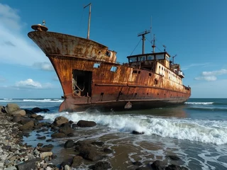 A rusted and partially submerged shipwreck on a rocky shore