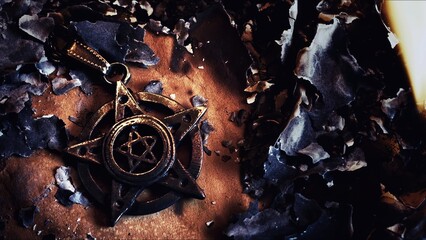 Magical Occult Symbol Pentagram in Fire and Ashes