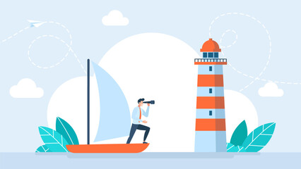 Vision and innovation, business concepts. Business vision and mission. Strategy and corporate goal concept with lighthouse and superhero on ship. Vector illustration